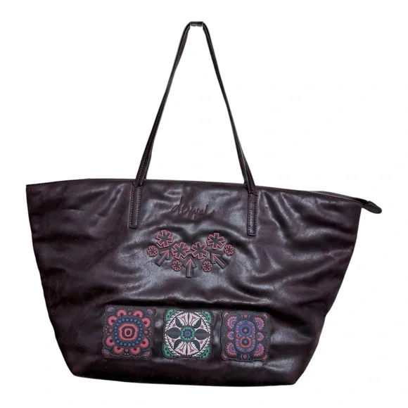 Desigual Bols Bold Sicilia Zipper Large Tote Bag In Burgundy - Picture 2 of 8